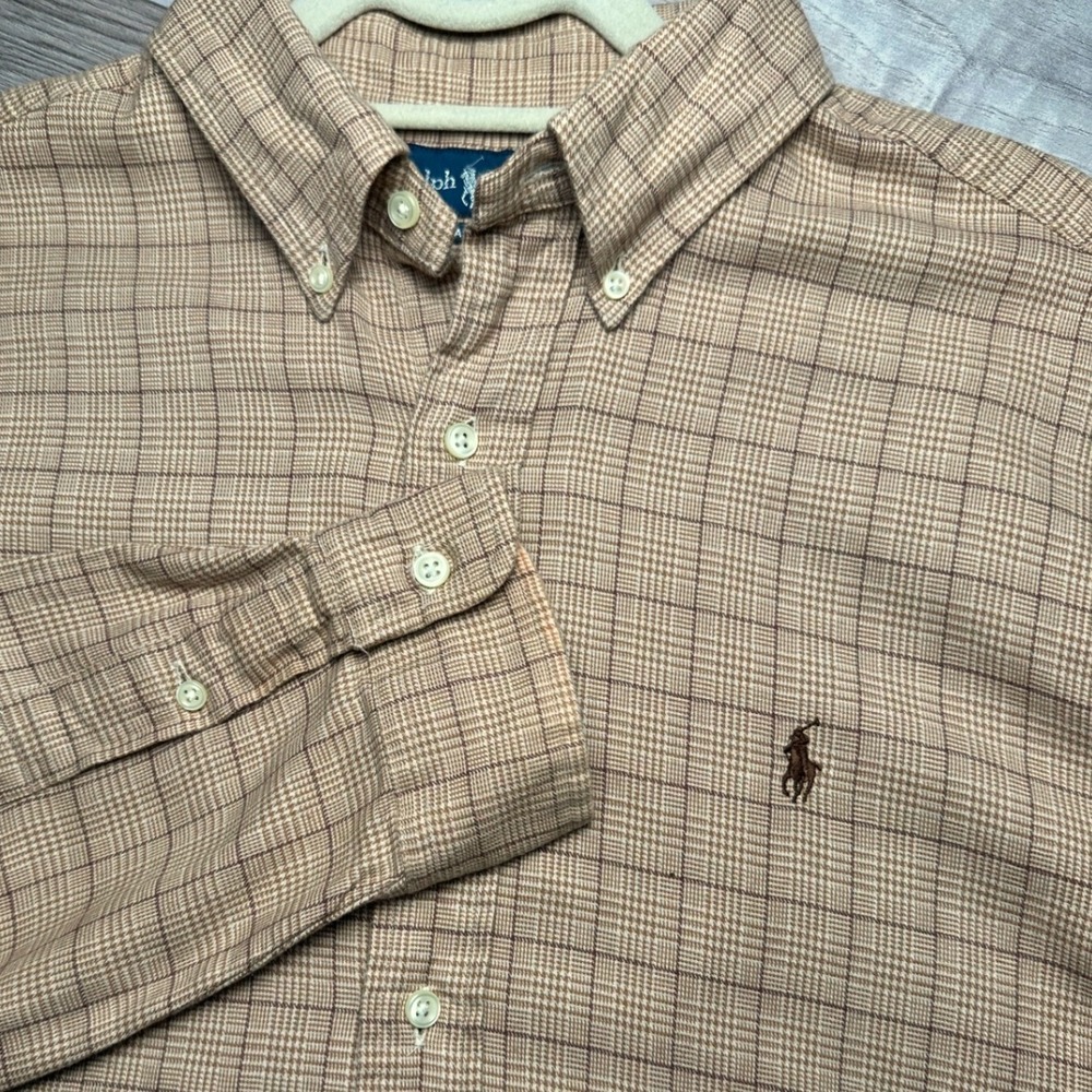 Ralph Lauren Classic Fit Glen Plaid Button Down Flannel Shirt Mens XL Brown Tan